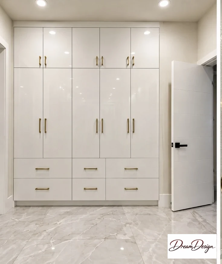 Full-height white flat-panel storage cabinets with gold-tone pulls and lower drawers.
