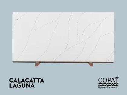 COPA QUARTZ CALACATA LAGUNA 2CM PLUS SUPER JUMBO 135X76 — supplier catalog image