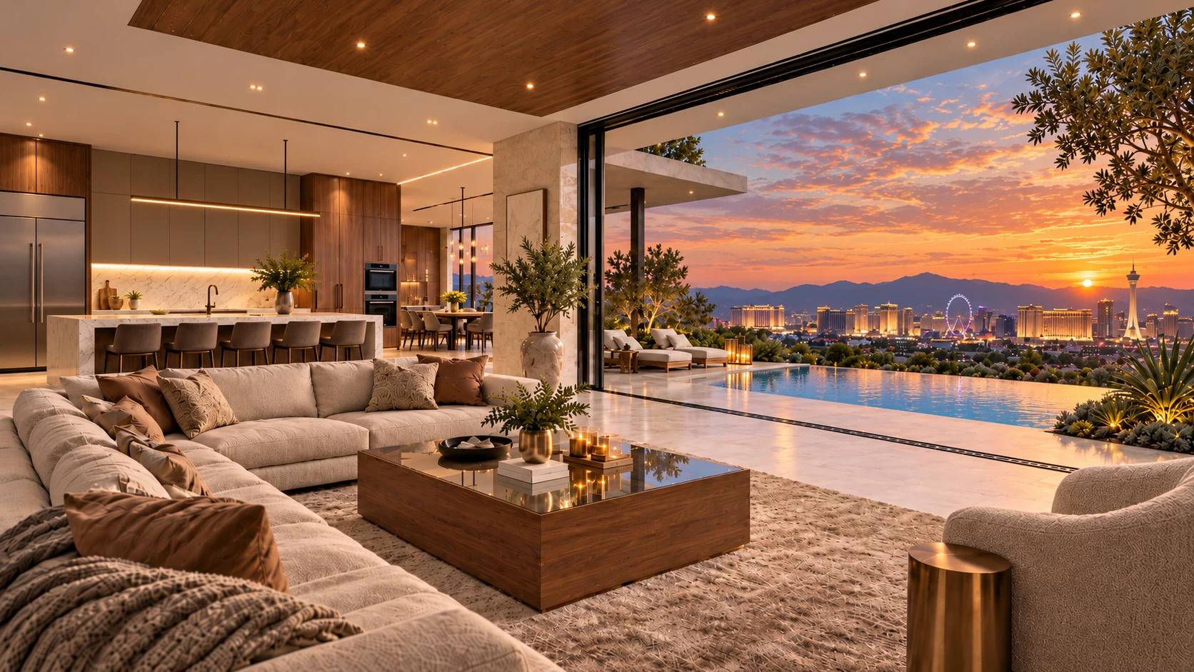 AI-generated design concept of a warm luxury interior, custom kitchen and walnut coffee table opening to an infinity pool and a Las Vegas-inspired skyline at sunset.