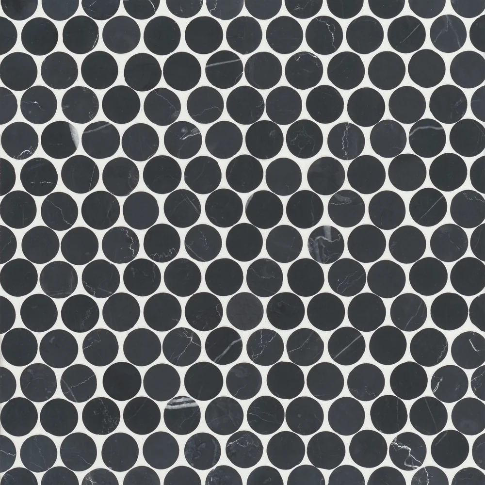 Nero Marquina · Monet Penny Round - Mosaic 8 color and pattern reference