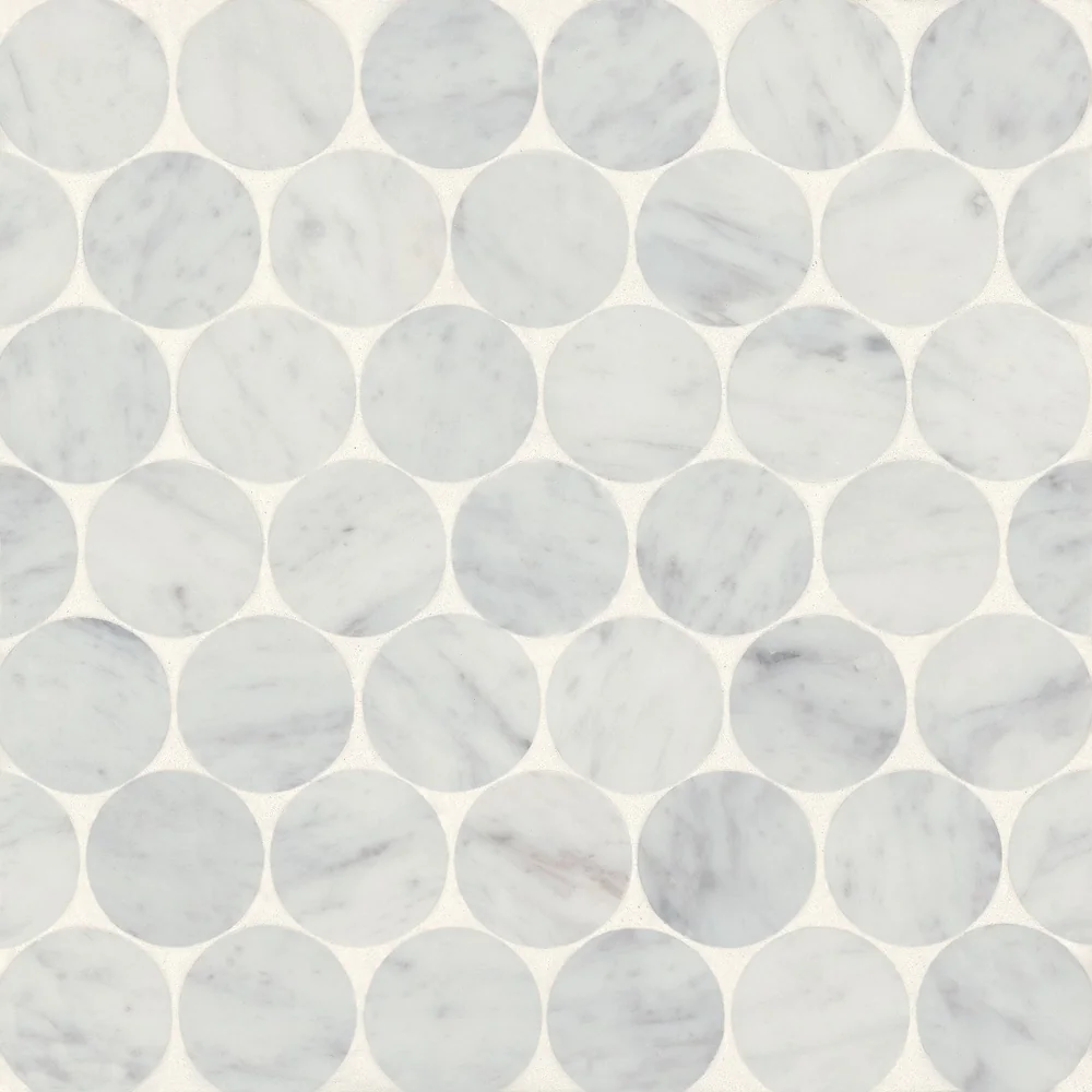 White Carrara · Monet 2" Penny Round - Mosaic 10 color and pattern reference