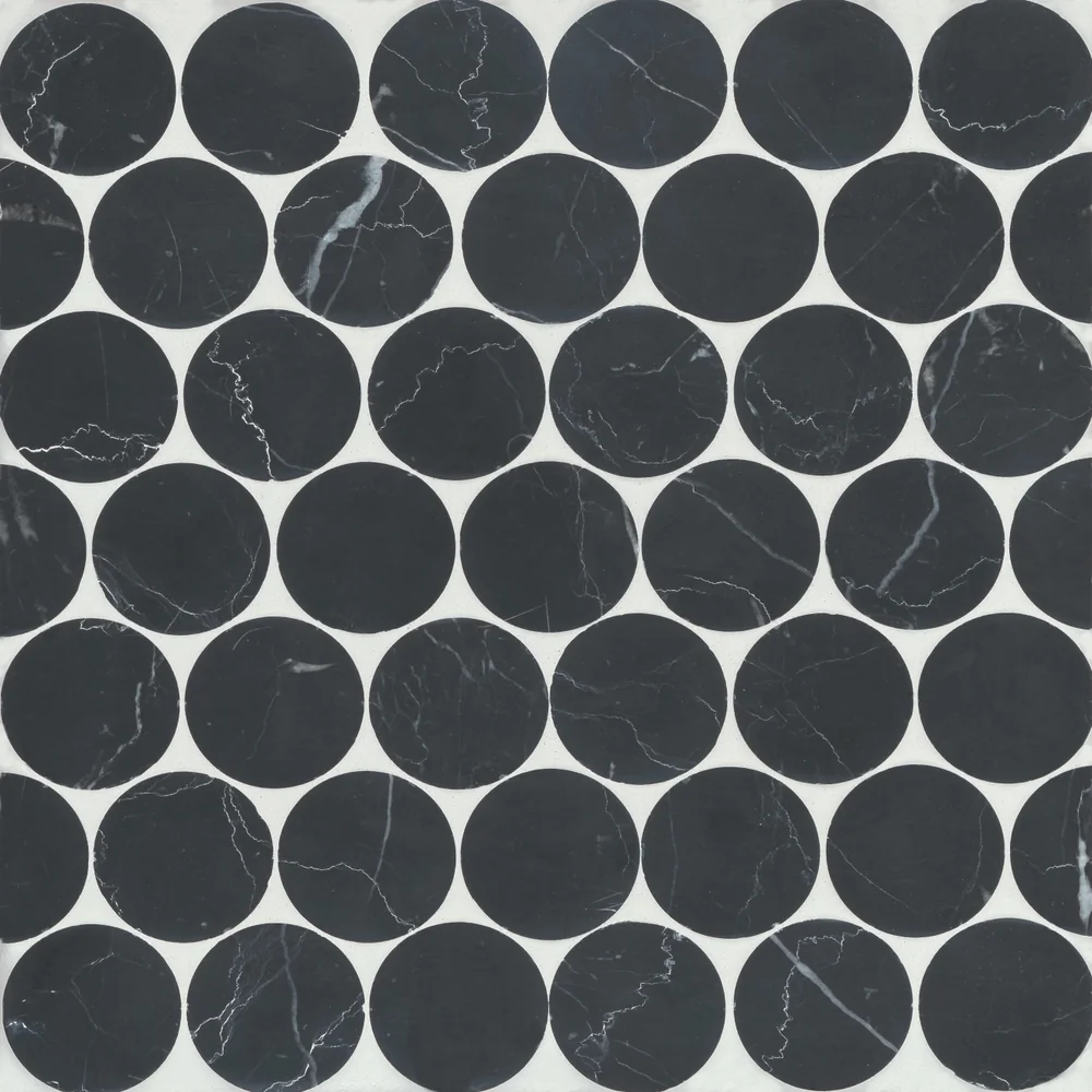 Nero Marquina · Monet 2" Penny Round - Mosaic 10 color and pattern reference