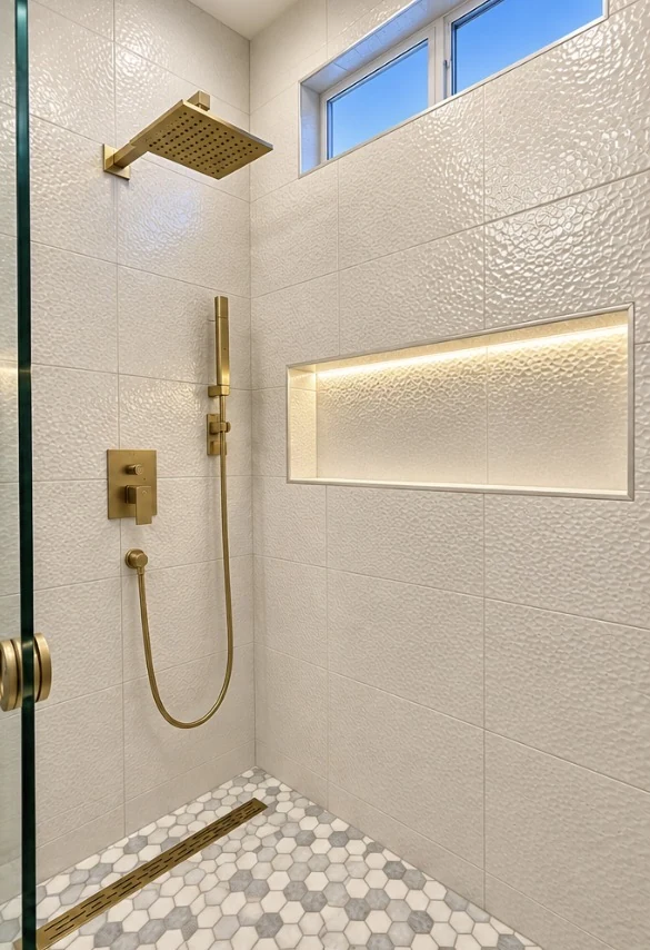 Textured light shower tile with an illuminated niche, gold-tone fixtures and a hexagonal mosaic floor.