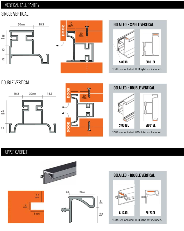 Gola · vertical and upper-cabinet schedule — catalog technical drawing