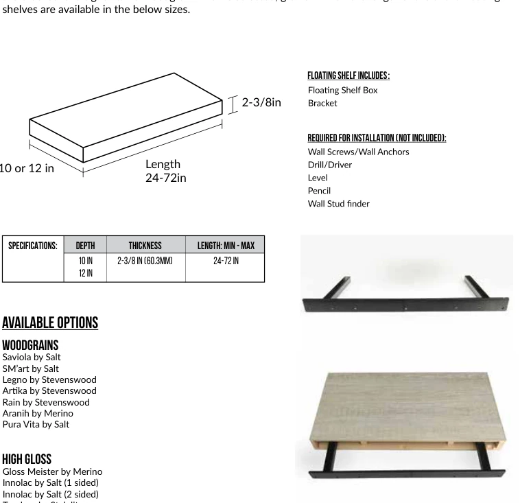 Floating shelf assembly & dimensions — catalog technical drawing