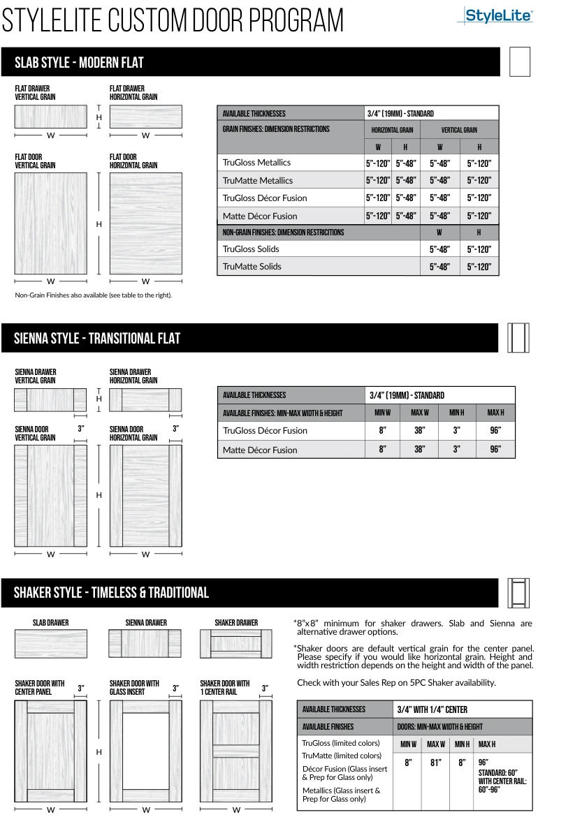 StyleLite custom door program — catalog technical drawing