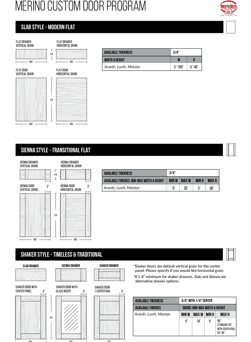 Merino custom door program — catalog technical drawing