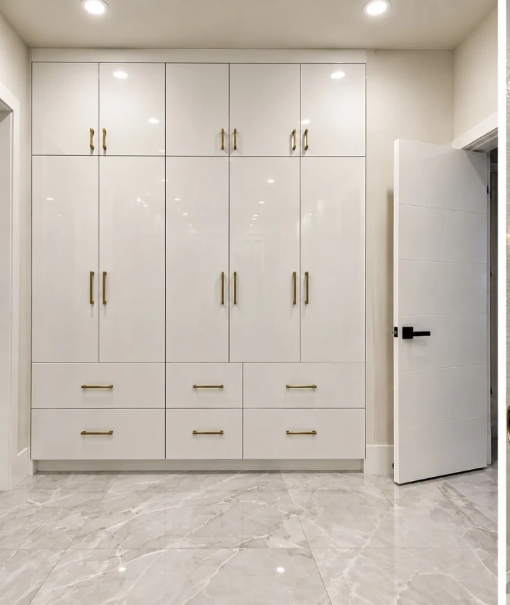 Full-height white flat-panel storage cabinets with gold-tone pulls and lower drawers.
